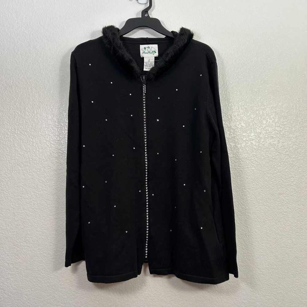 The Quacker Factory Rhinestone Hooded Zip Up Sweater Jacket Bling Faux Fur